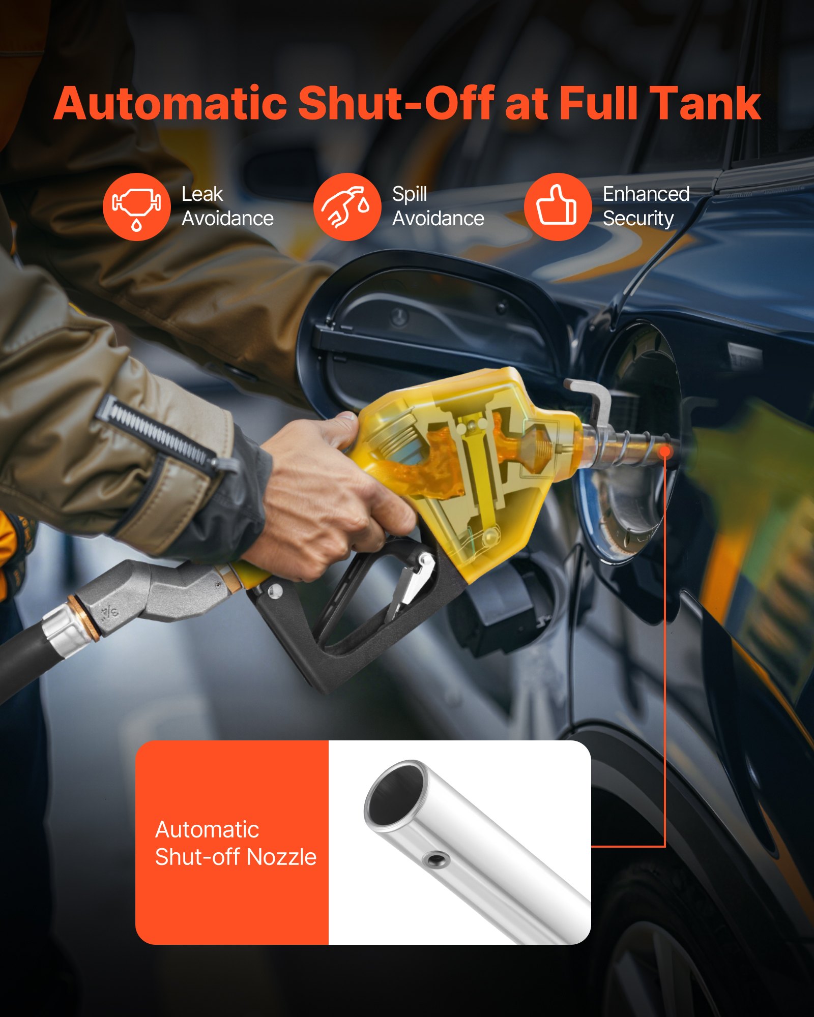 VEVOR Boquilla de combustible automática NPT de 3/4 de pulgada, caudal máximo de 11,8 GPM, apagado automático, bloqueo de gatillo de 3 velocidades y boquilla de 0,78 pulgadas (diámetro exterior 20 mm)