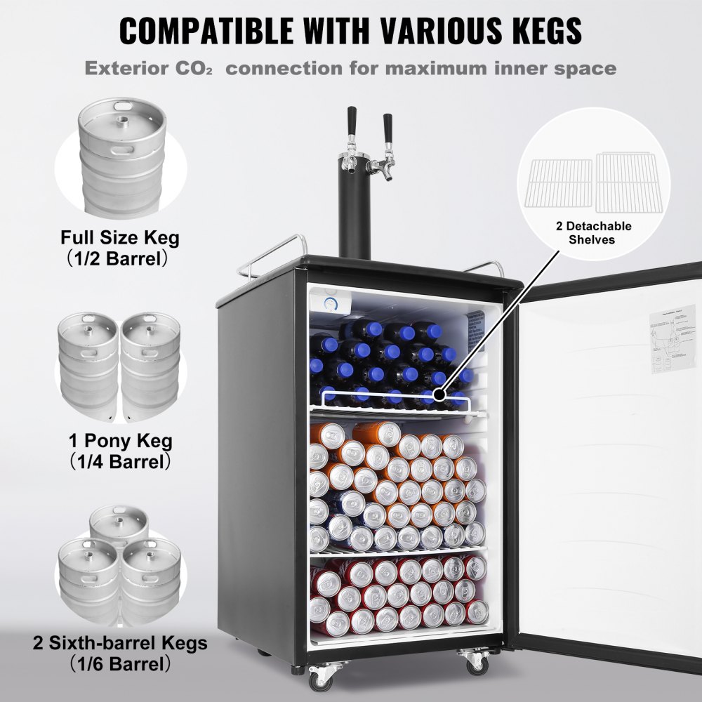 VEVOR Kegerator de cerveza, dispensador de cerveza de barril de doble grifo, refrigerador de barril de tamaño completo con cilindro de CO2, estantes, bandeja de goteo y riel, control de temperatura de