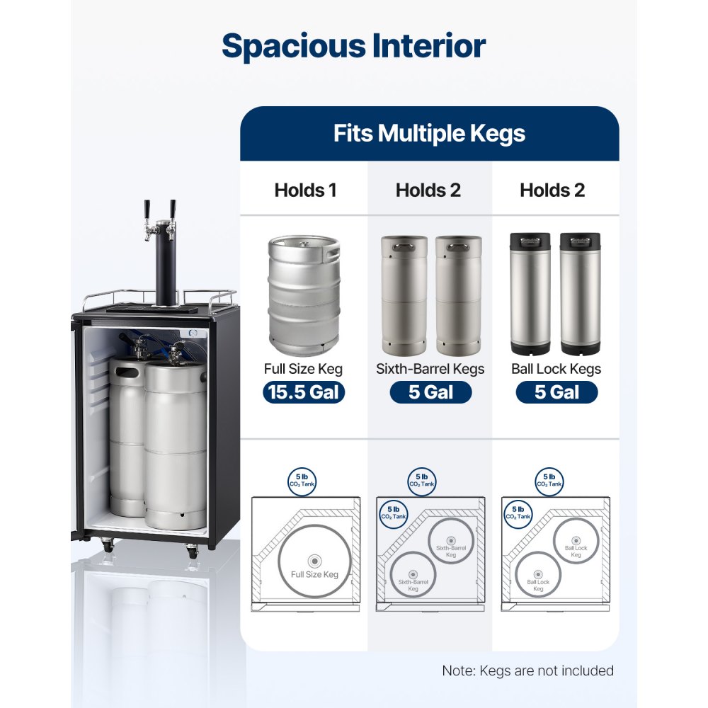 VEVOR Kegerator de cerveza, dispensador de cerveza de barril de doble grifo, refrigerador de barril de tamaño completo con cilindro de CO2, estantes, bandeja de goteo y riel, control de temperatura de
