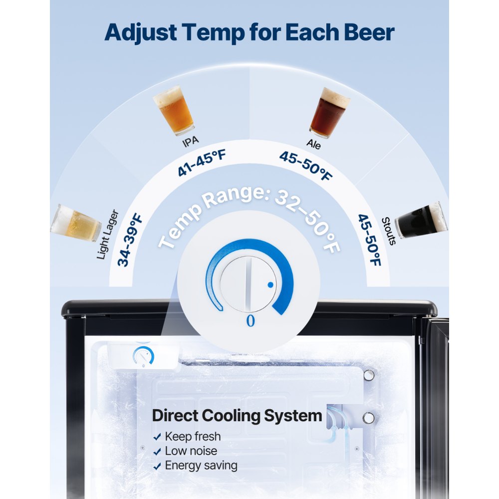 VEVOR Kegerator de cerveza, dispensador de cerveza de barril de doble grifo, refrigerador de barril de tamaño completo con cilindro de CO2, estantes, bandeja de goteo y riel, control de temperatura de