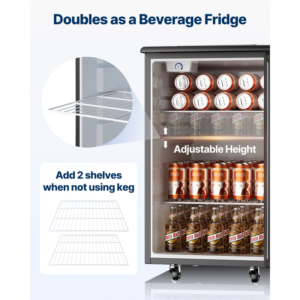 VEVOR Kegerator de cerveza, dispensador de cerveza de barril de doble grifo, refrigerador de barril de tamaño completo con cilindro de CO2, estantes, bandeja de goteo y riel, control de temperatura de