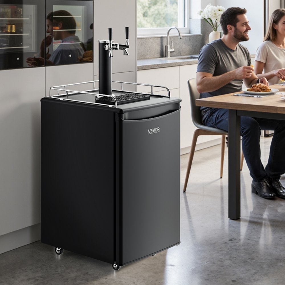 VEVOR Kegerator de cerveza, dispensador de cerveza de barril de doble grifo, refrigerador de barril de tamaño completo con cilindro de CO2, estantes, bandeja de goteo y riel, control de temperatura de
