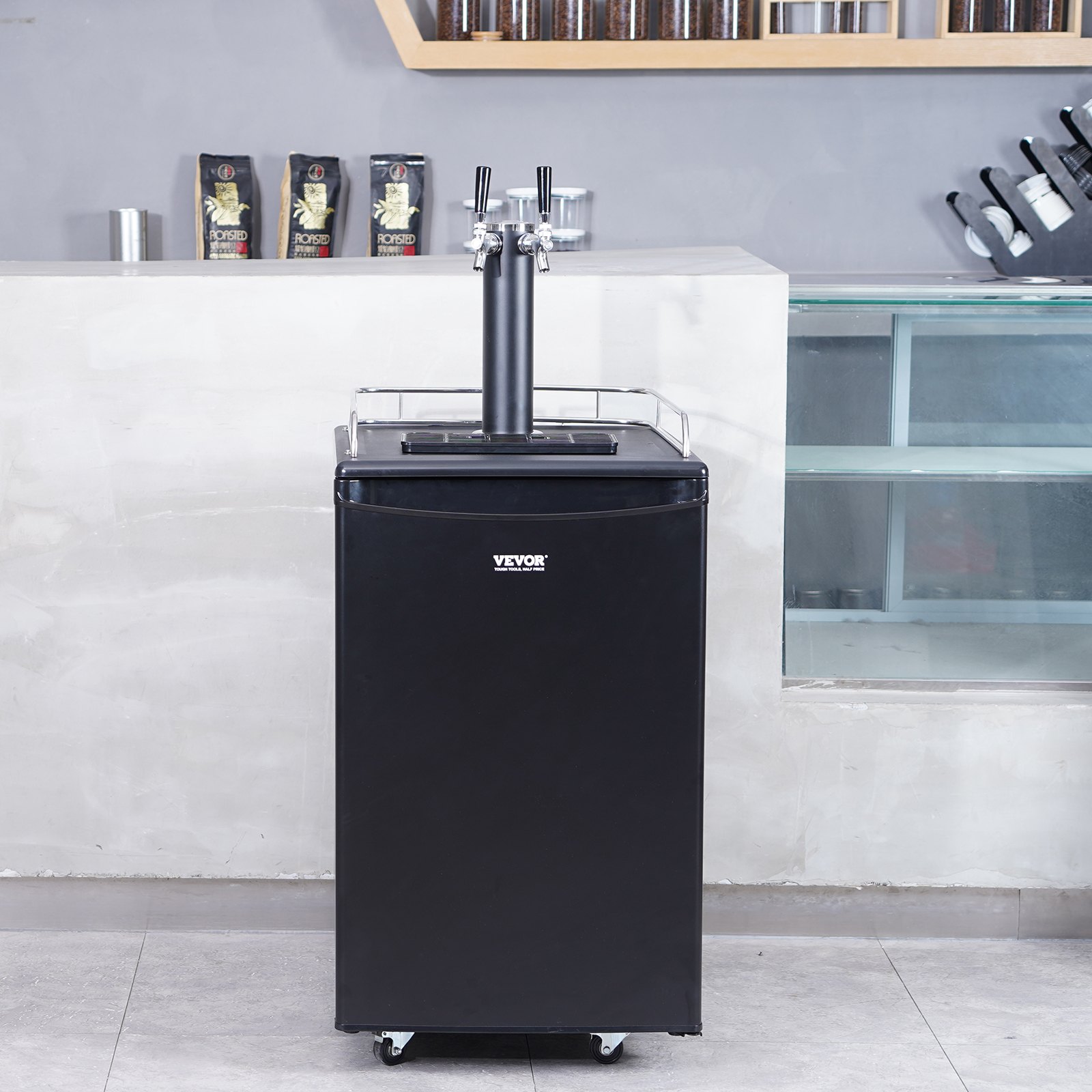 VEVOR Kegerator de cerveza, dispensador de cerveza de barril de doble grifo, refrigerador de barril de tamaño completo con cilindro de CO2, estantes, bandeja de goteo y riel, control de temperatura de