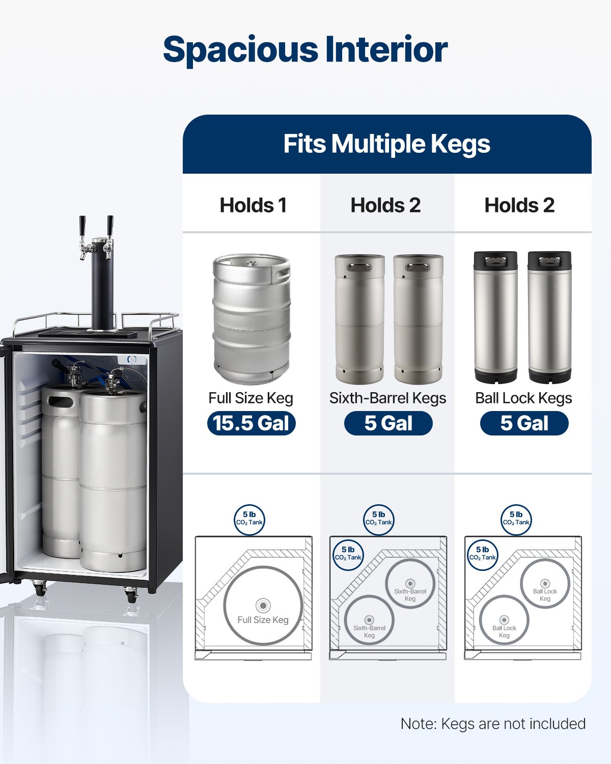 VEVOR Kegerator de cerveza, dispensador de cerveza de barril de doble grifo, refrigerador de barril de tamaño completo con cilindro de CO2, estantes, bandeja de goteo y riel, control de temperatura de