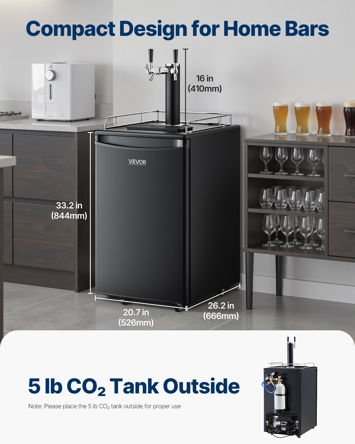 VEVOR Kegerator de cerveza, dispensador de cerveza de barril de doble grifo, refrigerador de barril de tamaño completo con cilindro de CO2, estantes, bandeja de goteo y riel, control de temperatura de