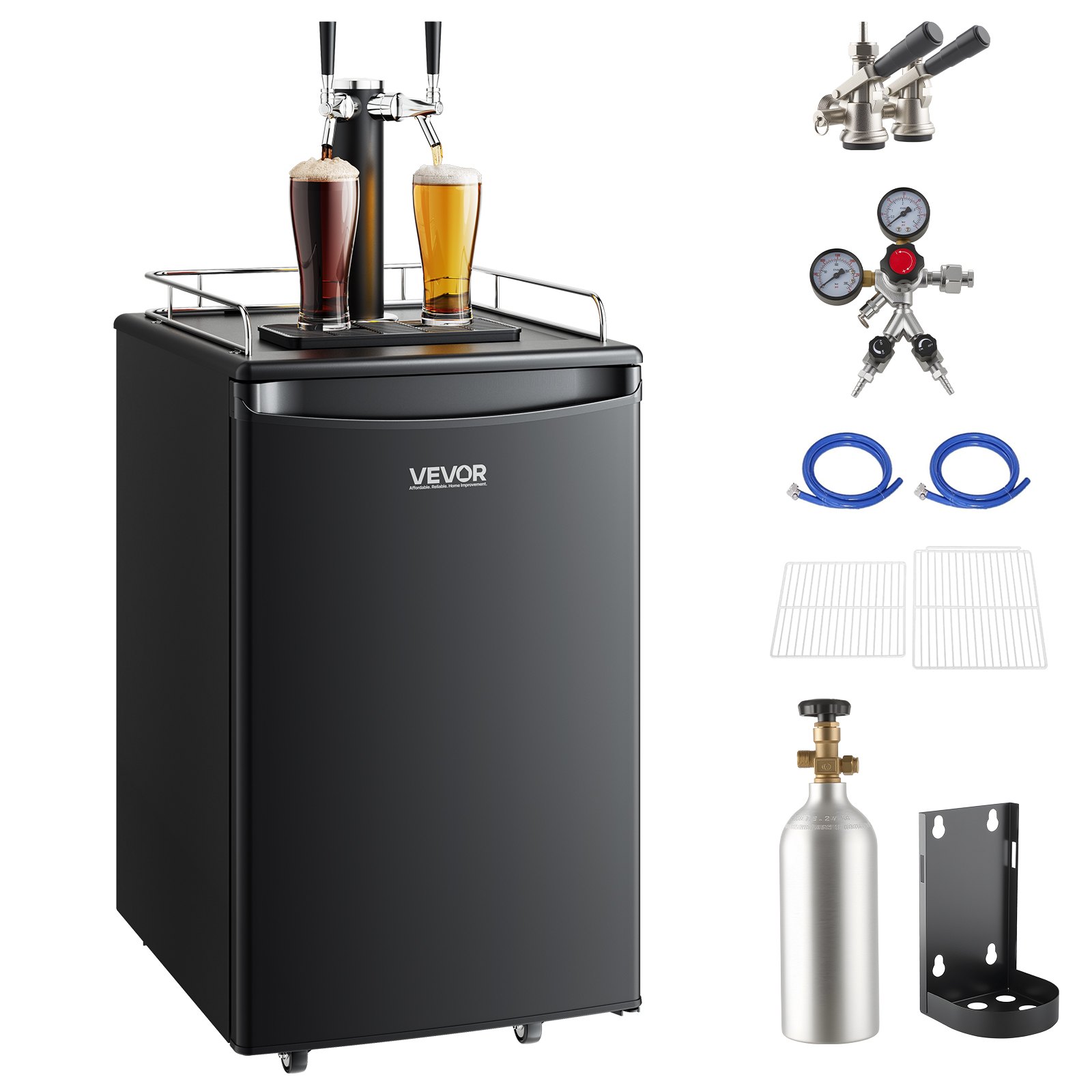 VEVOR Kegerator de cerveza, dispensador de cerveza de barril de doble grifo, refrigerador de barril de tamaño completo con cilindro de CO2, estantes, bandeja de goteo y riel, control de temperatura de