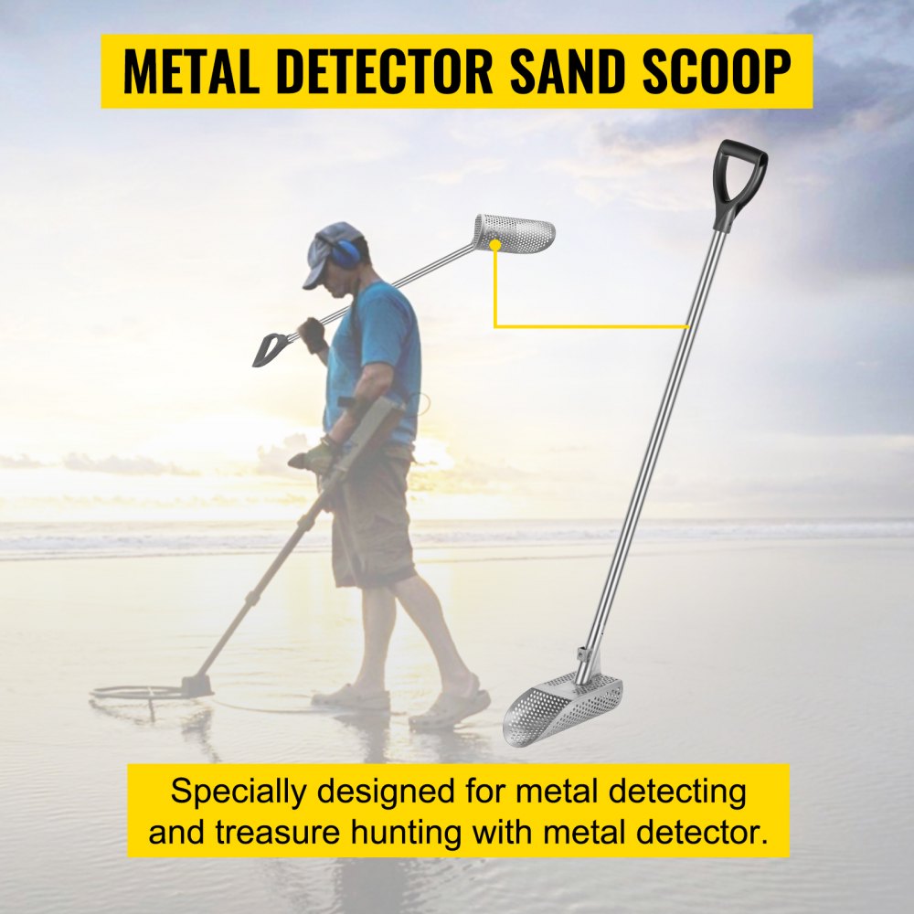 VEVOR Pala para arena con detector de metales, pala para playa con detección de metales de acero inoxidable, pala con detector de metales para playa con orificio de 6 mm, con mango de acero inoxidable