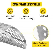 VEVOR Pala para arena con detector de metales, pala para playa con detección de metales de acero inoxidable, pala con detector de metales para playa con orificio de 6 mm, con mango de acero inoxidable