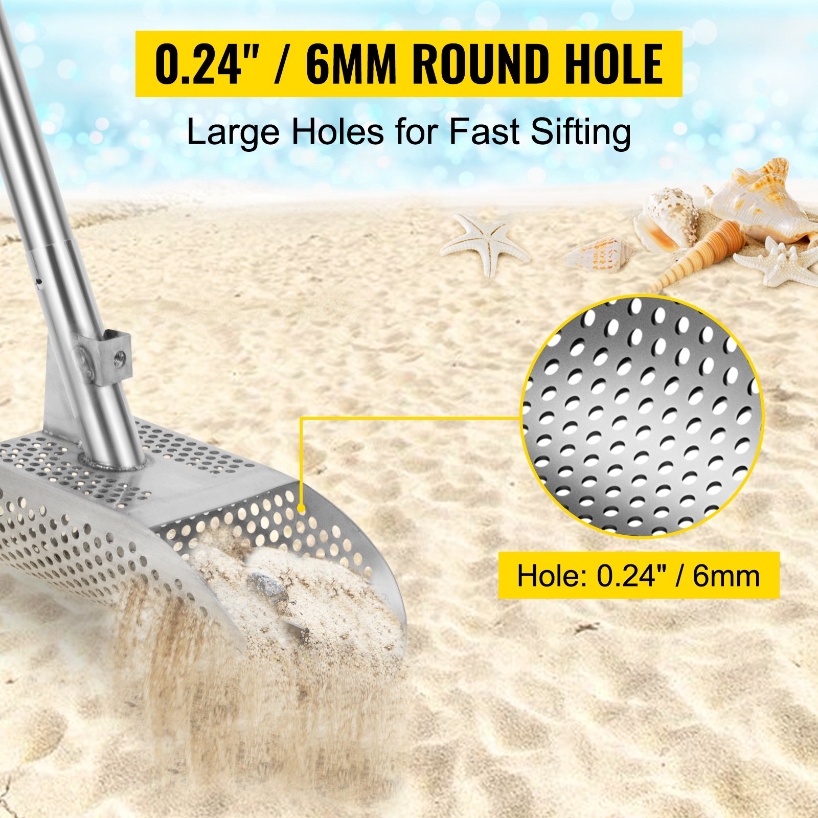 VEVOR Pala para arena con detector de metales, pala para playa con detección de metales de acero inoxidable, pala con detector de metales para playa con orificio de 6 mm, con mango de acero inoxidable