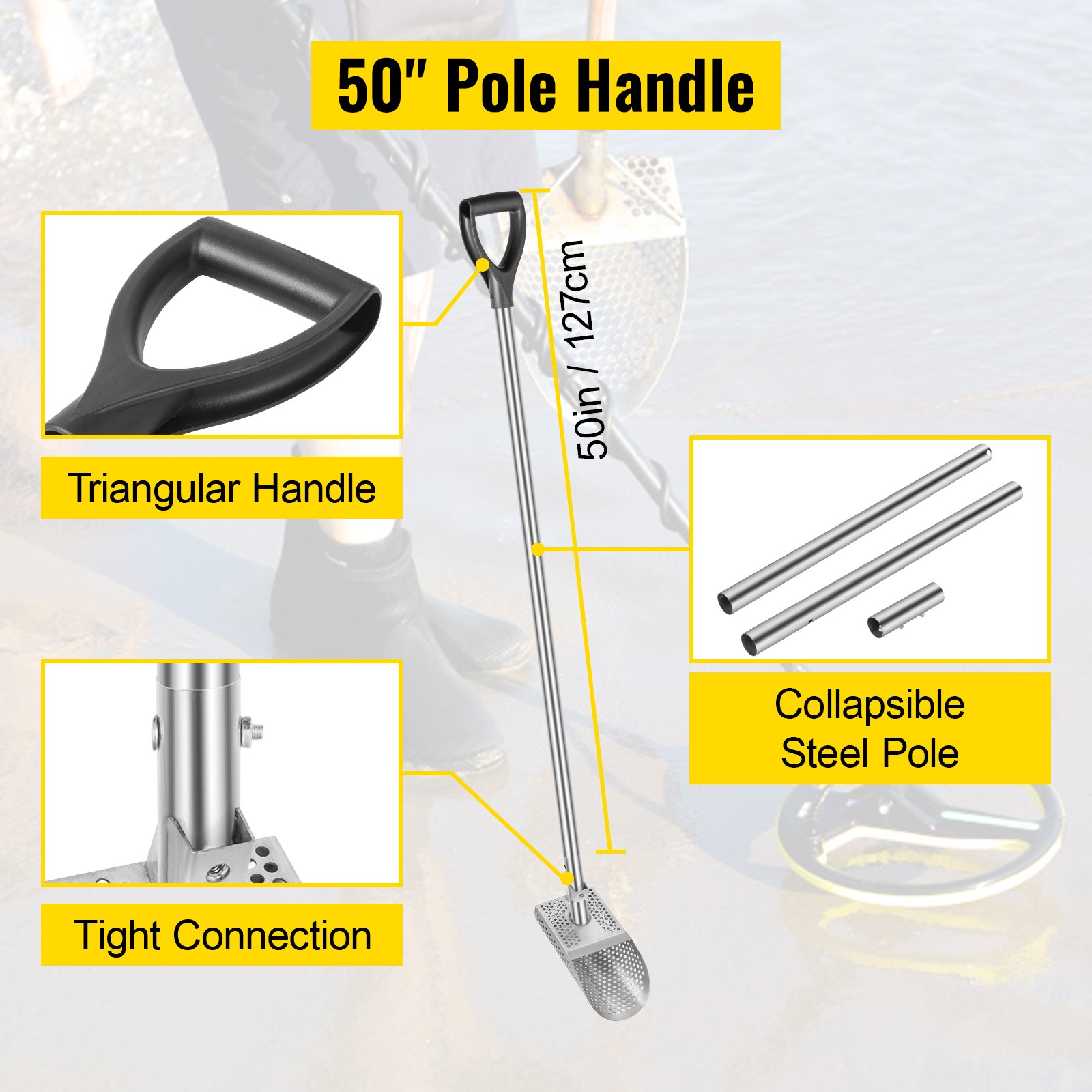 VEVOR Pala para arena con detector de metales, pala para playa con detección de metales de acero inoxidable, pala con detector de metales para playa con orificio de 6 mm, con mango de acero inoxidable