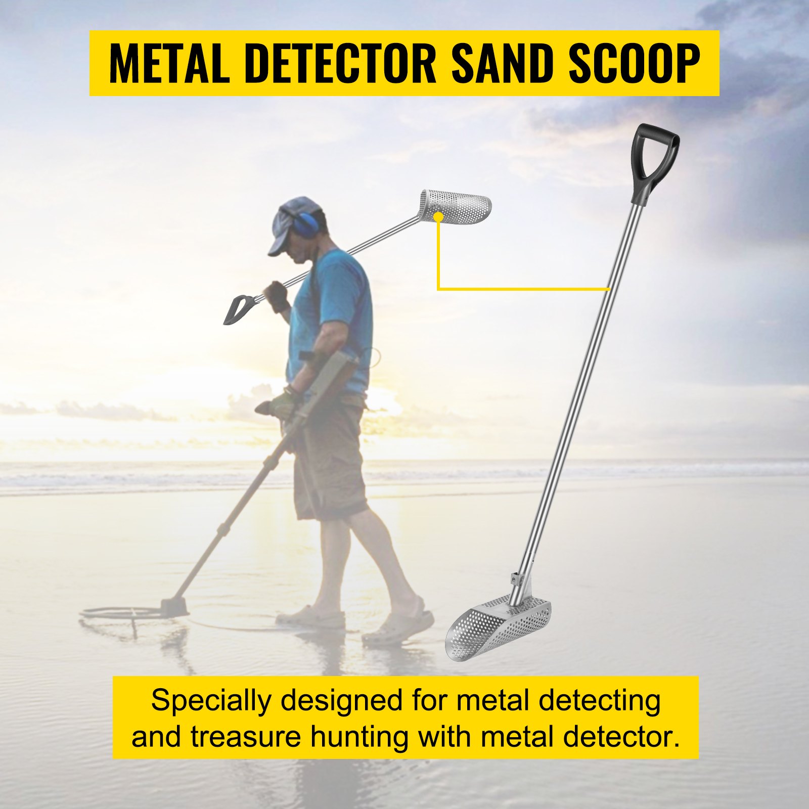 VEVOR Pala para arena con detector de metales, pala para playa con detección de metales de acero inoxidable, pala con detector de metales para playa con orificio de 6 mm, con mango de acero inoxidable