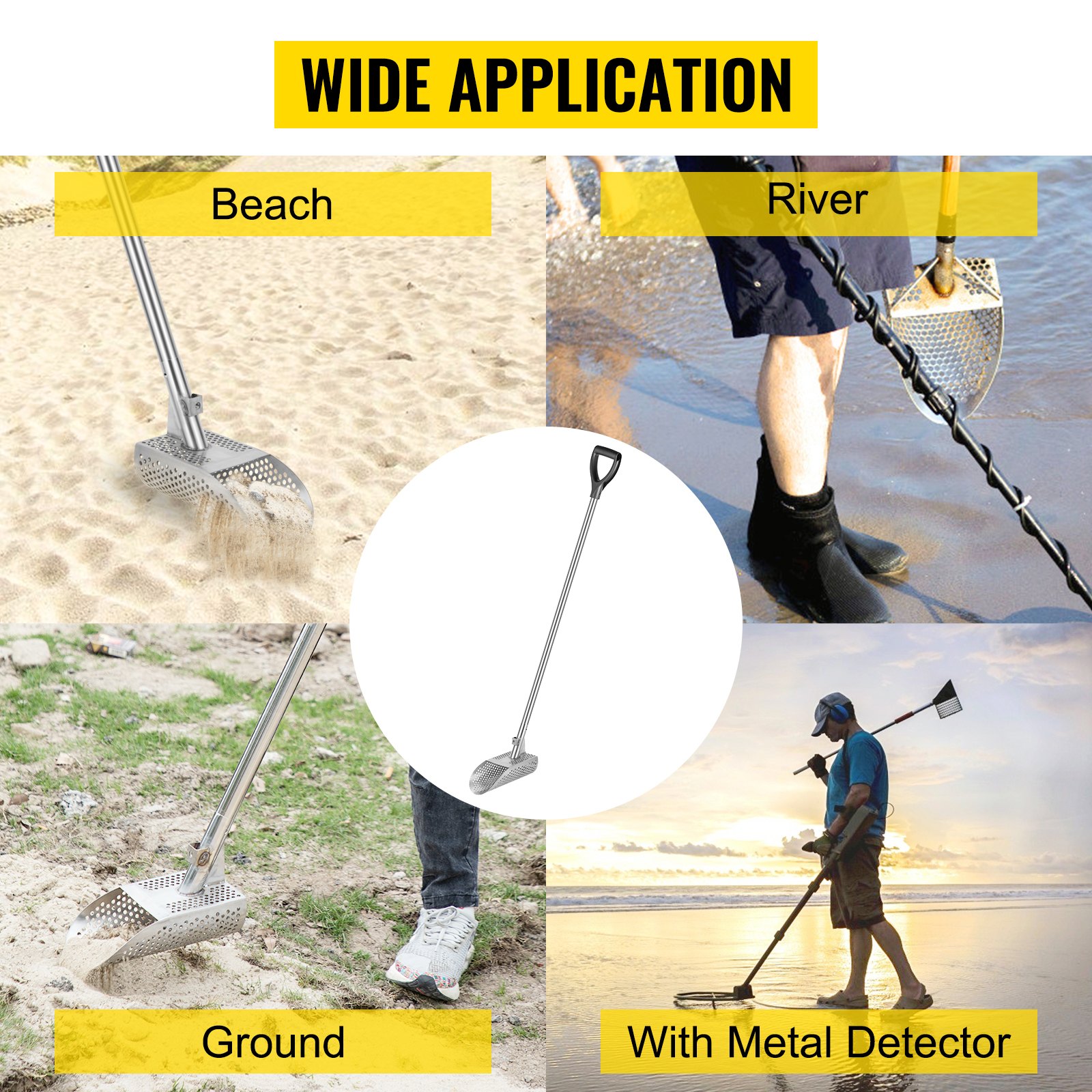 VEVOR Pala para arena con detector de metales, pala para playa con detección de metales de acero inoxidable, pala con detector de metales para playa con orificio de 6 mm, con mango de acero inoxidable