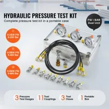 VEVOR Kit de prueba de presión hidráulica, 250/400/600bar, 3 manómetros, 11 acoplamientos de prueba, 3 mangueras de prueba, juego de medidores de prueba hidráulica para excavadora con estuche de transporte portátil para maquinaria de construcción de tractores excavadoras