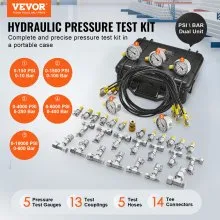 VEVOR Kit de prueba de presión hidráulica, 10/100/250/400/600bar, 5 calibres 13 acoplamientos 14 conectores en T 5 mangueras de prueba, juego de medidores de prueba hidráulica para excavadora con estuche de transporte para maquinaria de tractores excavadoras