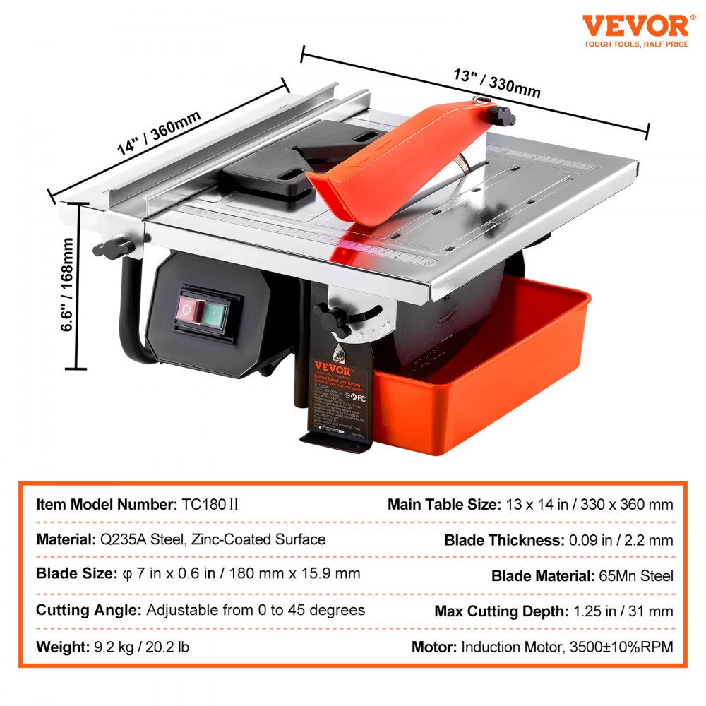 VEVOR Sierra para azulejos húmedos, hoja de acero de 65 Mn de 7 pulgadas, motor de inducción de 3500 RPM, sierra húmeda para cortador de azulejos con depósito de agua, ángulo de inglete de 0 a 45 grados para cortar azulejos y piedras, para entusiastas del bricolaje