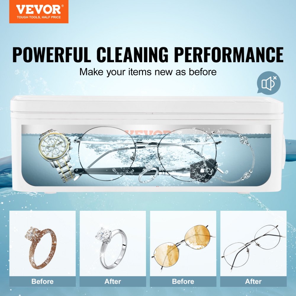 VEVOR Máquina limpiadora de joyas ultrasónica, máquina limpiadora ultrasónica de 16 oz (470 ml) con 4 modos de temporizador, limpiador ultrasónico portátil de joyas con cesta de limpieza para anteojos, relojes, dentaduras postizas, anillos