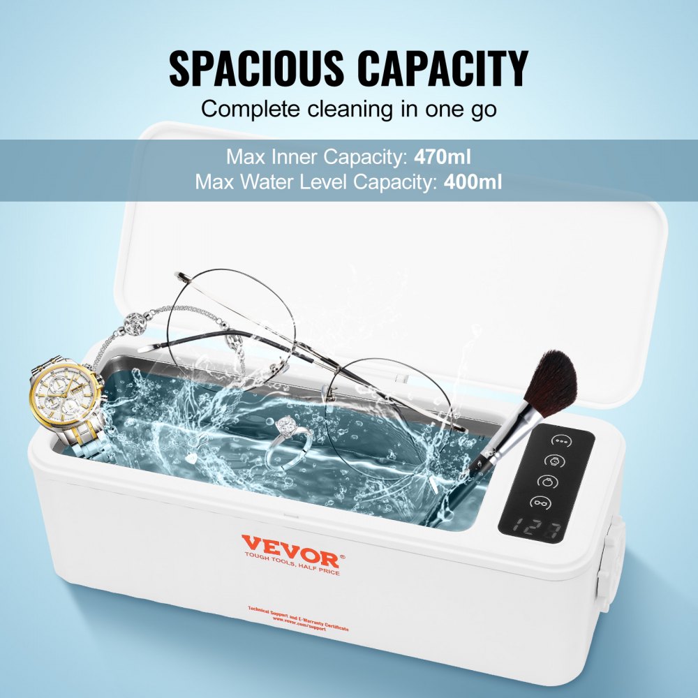 VEVOR Máquina limpiadora de joyas ultrasónica, máquina limpiadora ultrasónica de 16 oz (470 ml) con 4 modos de temporizador, limpiador ultrasónico portátil de joyas con cesta de limpieza para anteojos, relojes, dentaduras postizas, anillos
