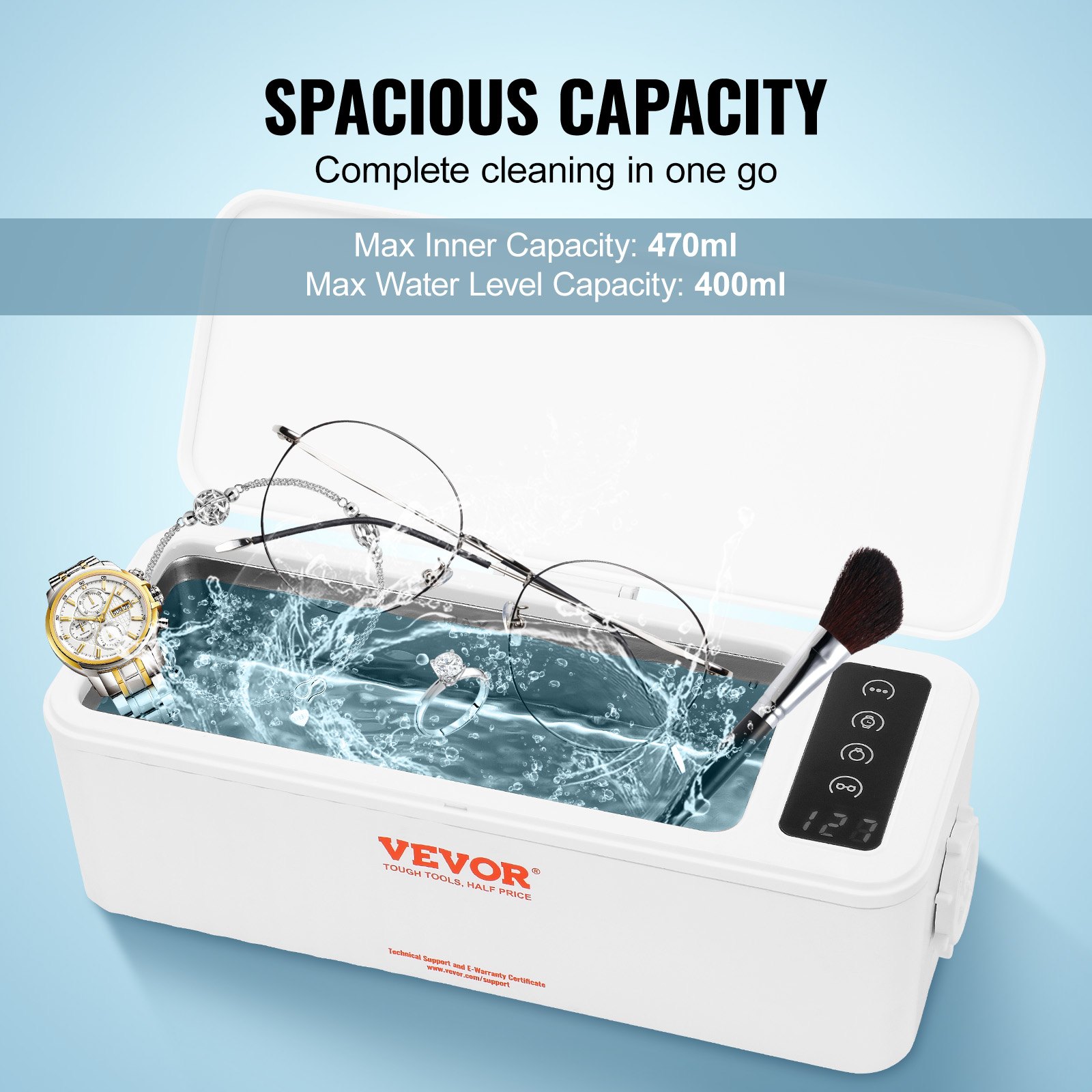 VEVOR Máquina limpiadora de joyas ultrasónica, máquina limpiadora ultrasónica de 16 oz (470 ml) con 4 modos de temporizador, limpiador ultrasónico portátil de joyas con cesta de limpieza para anteojos, relojes, dentaduras postizas, anillos