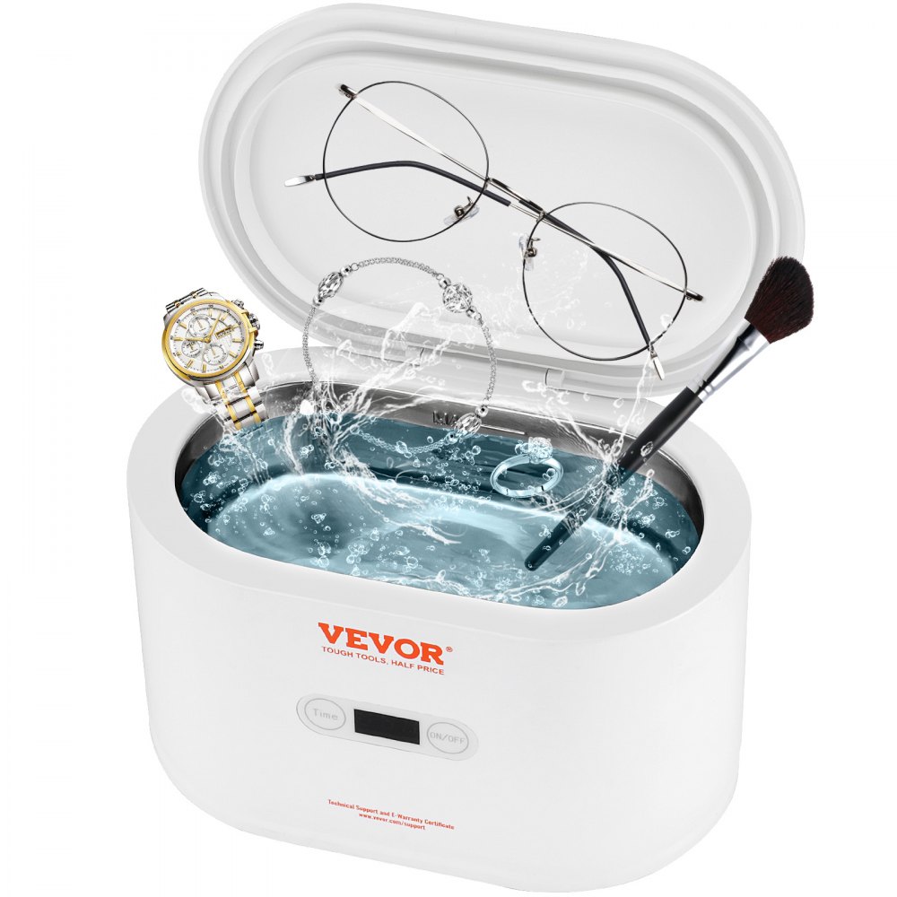 Limpiador ultrasónico de joyas VEVOR con reloj, gafas, pulsera y brocha de maquillaje que se limpian en agua.