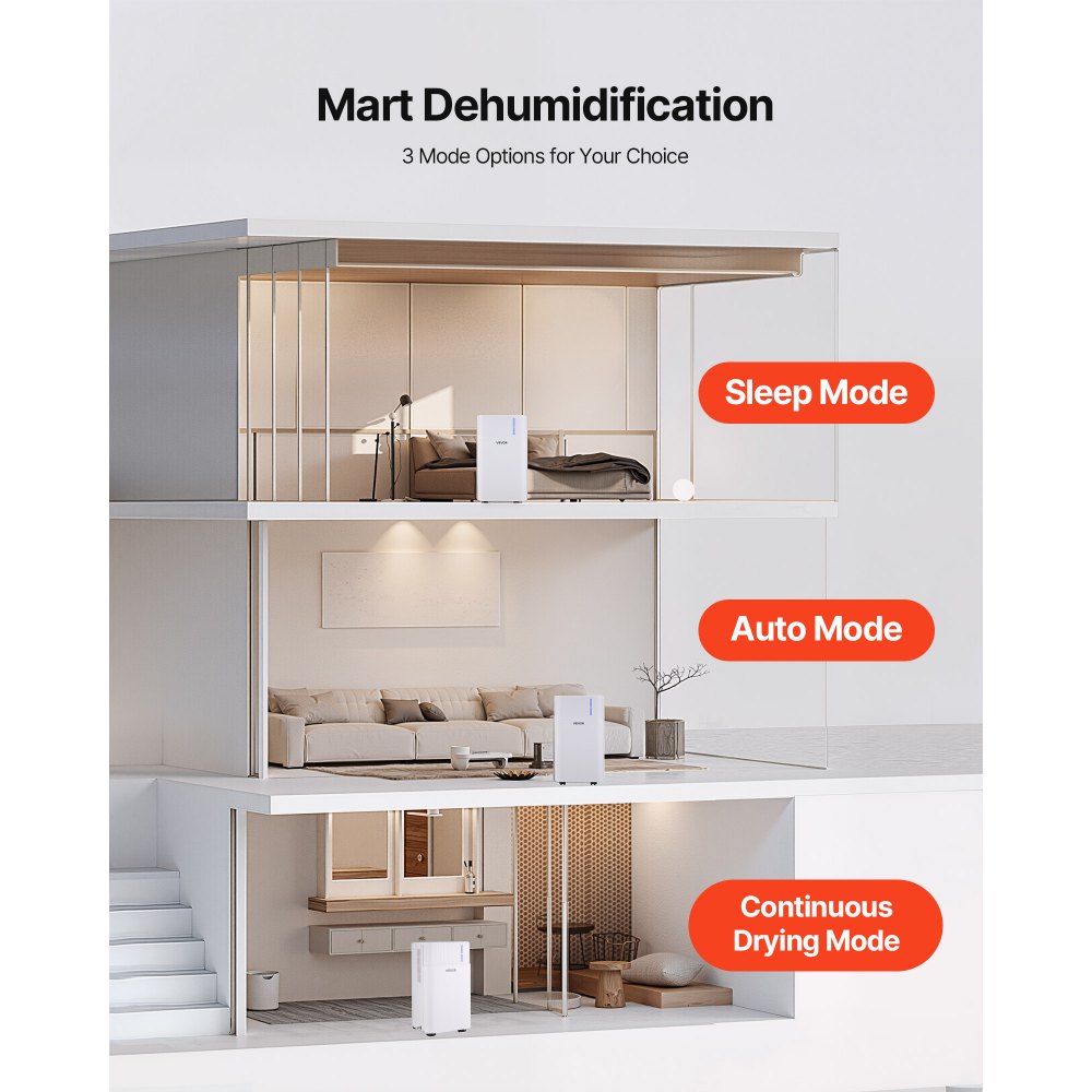 Deshumidificador VEVOR de 30 pintas para hogar y sótano, manguera de drenaje para uso comercial e industrial, control inteligente de humedad, bajo nivel de ruido para habitaciones grandes, almacenes, dormitorios y trasteros, amplia cobertura, blanco