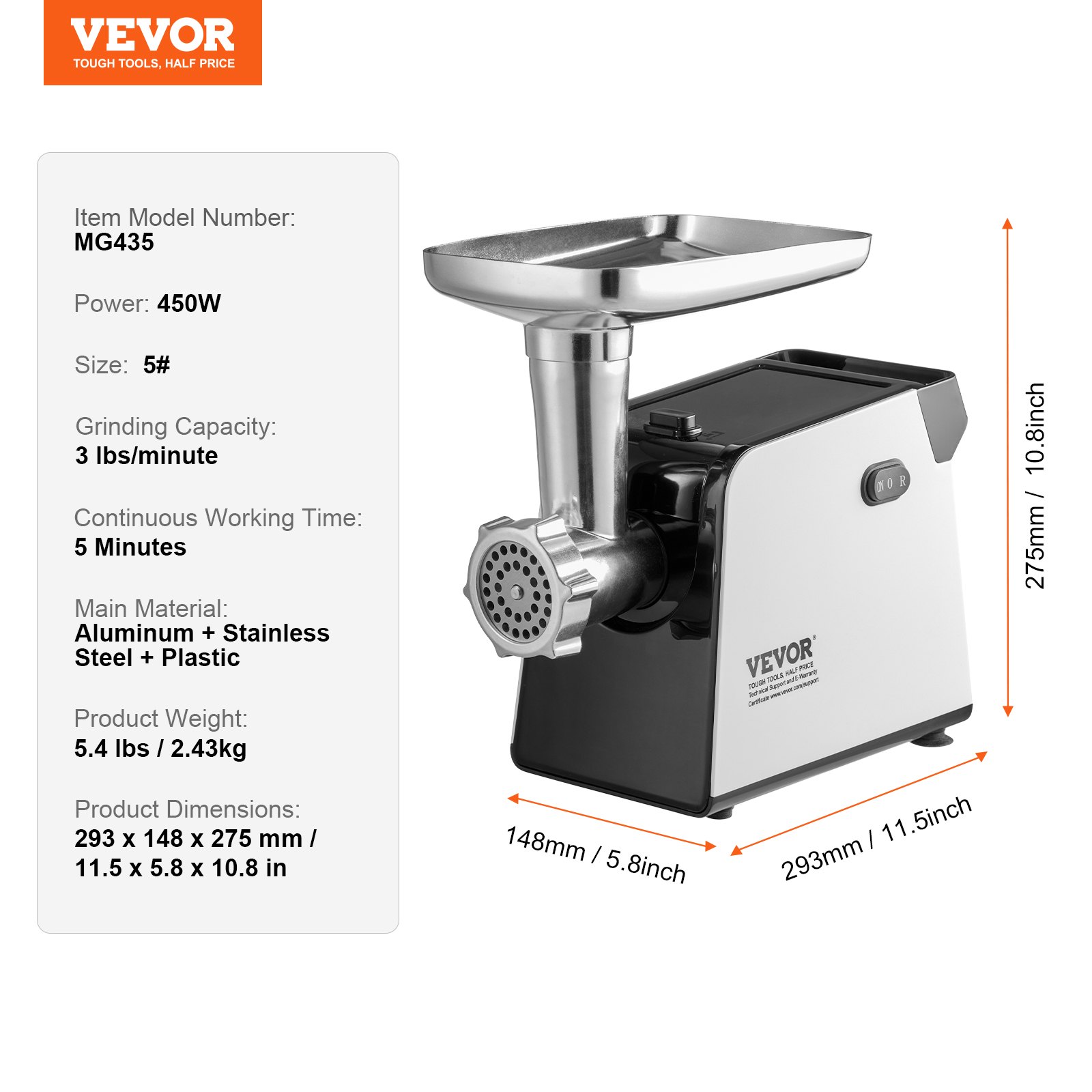 Picadora de carne VEVOR, picadora de carne eléctrica de 1,3 kg/min con cuchilla, placa de molienda, máquina para hacer salchichas, kit Kubbe, picadora de carne de acero inoxidable para cocina doméstica