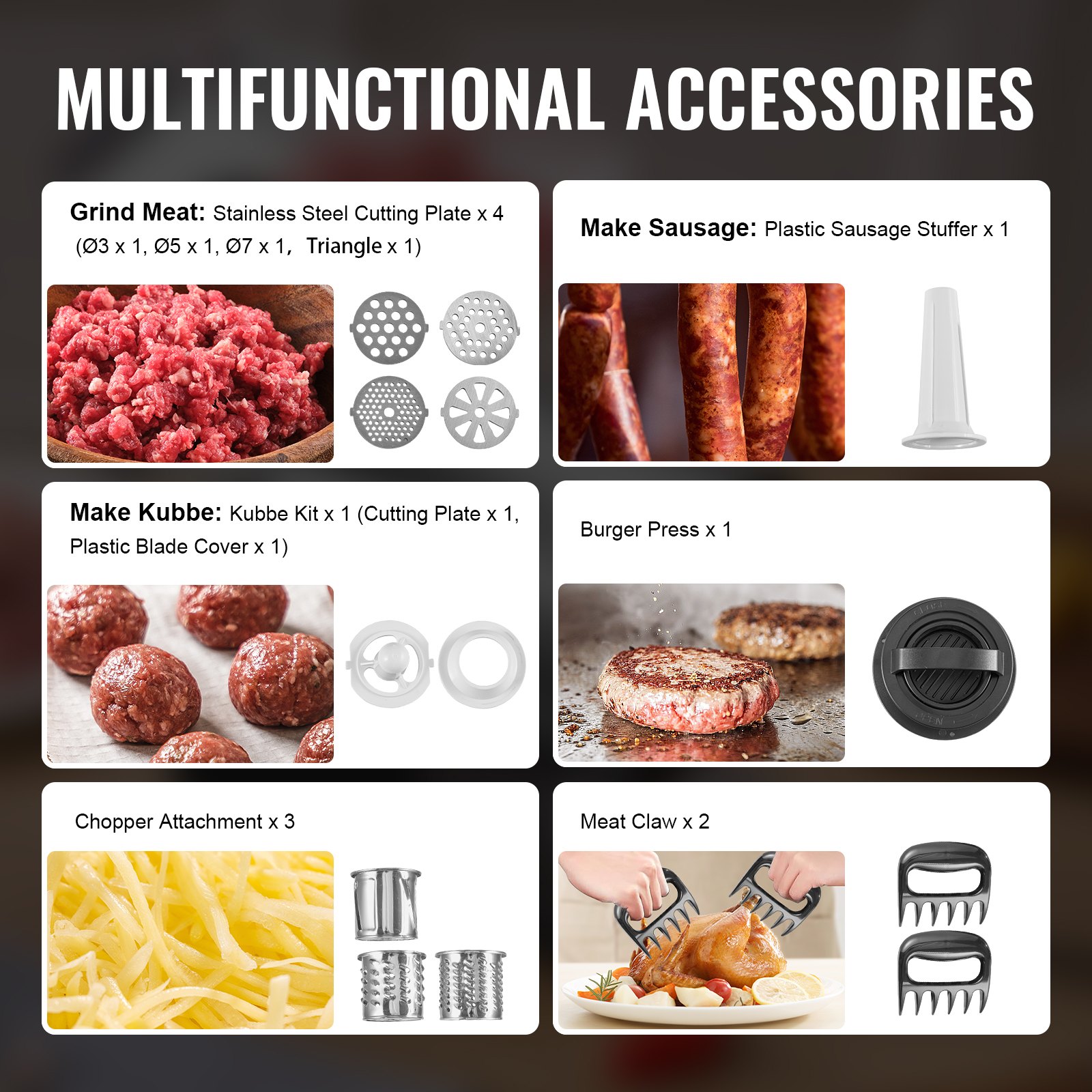 Picadora de carne VEVOR, capacidad de 4.2 lb/min, eléctrica, con cuchilla, placa de molienda, máquina para hacer salchichas, kit Kubbe, prensa para hamburguesas y accesorio picador, de acero inoxidable para cocina doméstica.