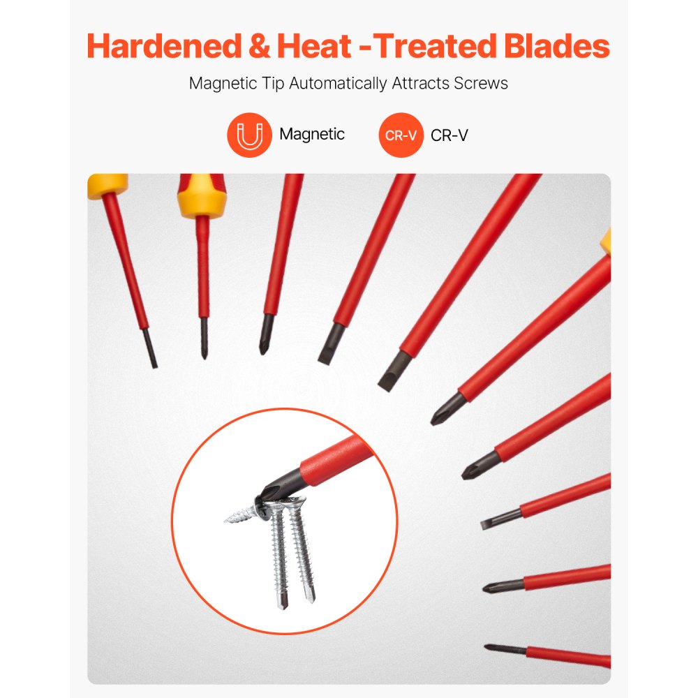Juego de destornilladores aislados VEVOR, 11 piezas, profesional, para electricistas, 1000 V, con puntas magnéticas Phillips ranuradas Pozi, comprobador de voltaje.