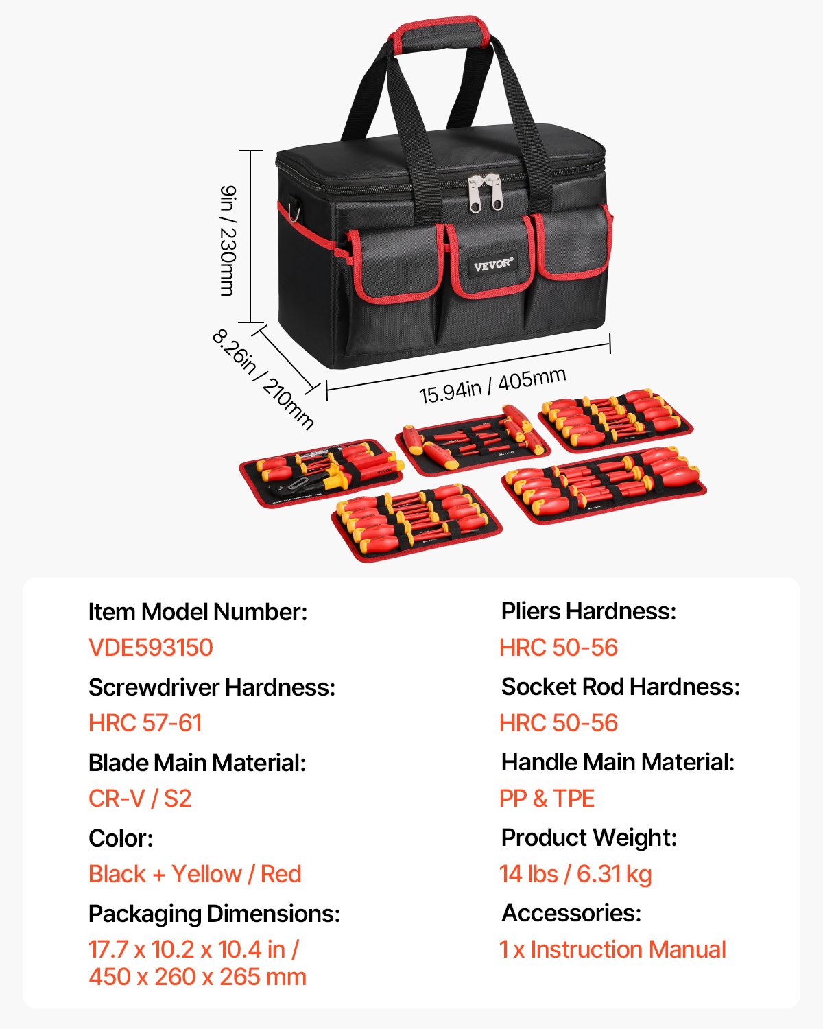 Juego de destornilladores aislados VEVOR, 50 piezas, herramienta profesional para electricistas, 1000 V, con puntas magnéticas, llave hexagonal con mango en T, destornillador y comprobador de voltaje unipolar.