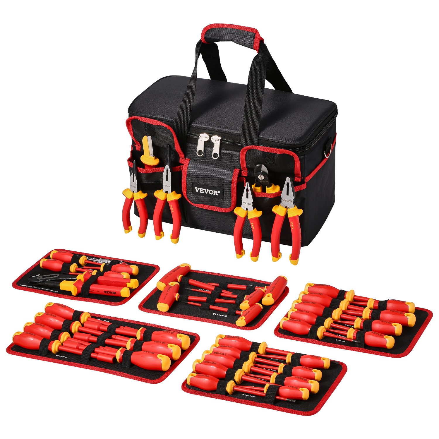 Juego de destornilladores aislados VEVOR, 50 piezas, herramienta profesional para electricistas, 1000 V, con puntas magnéticas, llave hexagonal con mango en T, destornillador y comprobador de voltaje unipolar.