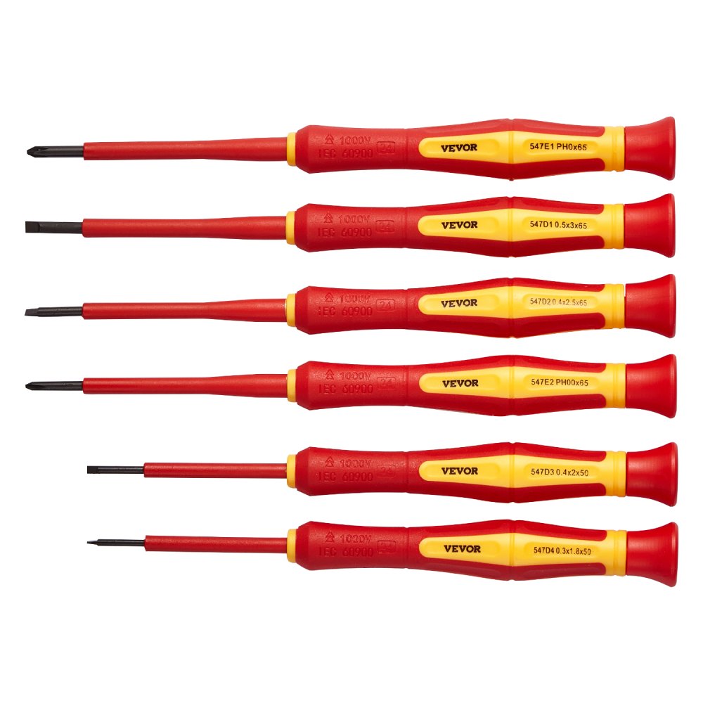 Juego de destornilladores aislados VEVOR, 6 piezas, profesional, para electricistas, 1000 V, con puntas magnéticas Phillips ranuradas, destornillador giratorio de 360 grados y bolsa.