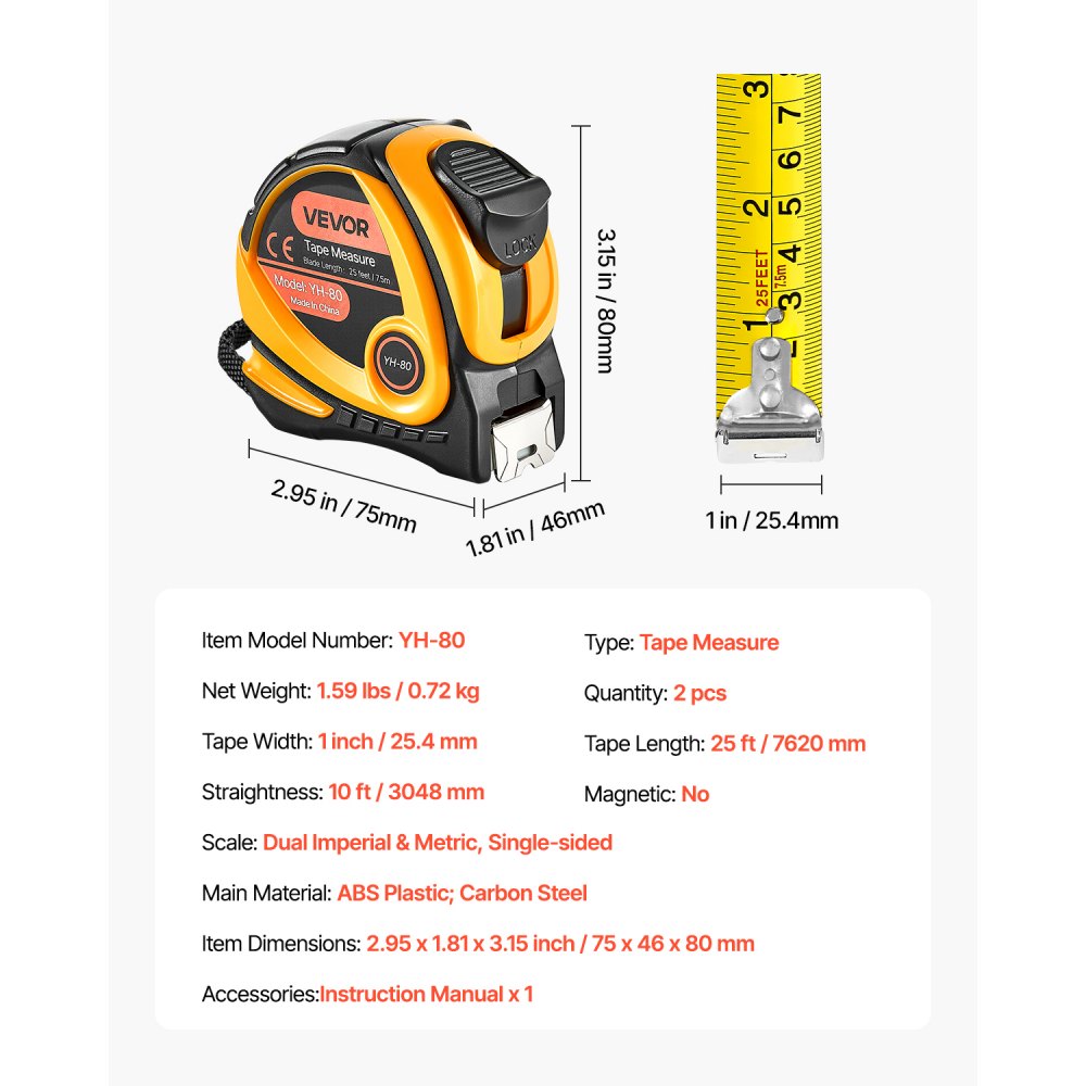 VEVOR - Paquete de 2 cintas métricas de 7,6 m (25 pies) de longitud, retráctiles, con escala dual (pies/m) imperial y métrica, estuche de ABS y herramienta de medición de acero de fácil lectura, para exteriores y decoración.
