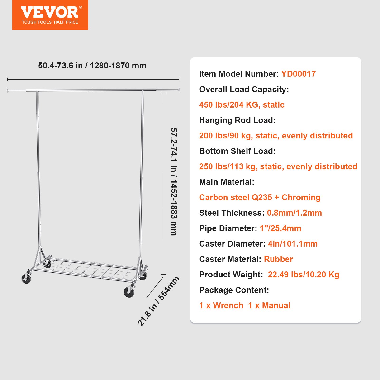 VEVOR Perchero con ruedas, perchero para ropa resistente, perchero comercial para colgar ropa con área de almacenamiento inferior, capacidad de carga de 450 libras, altura ajustable y longitud extensible