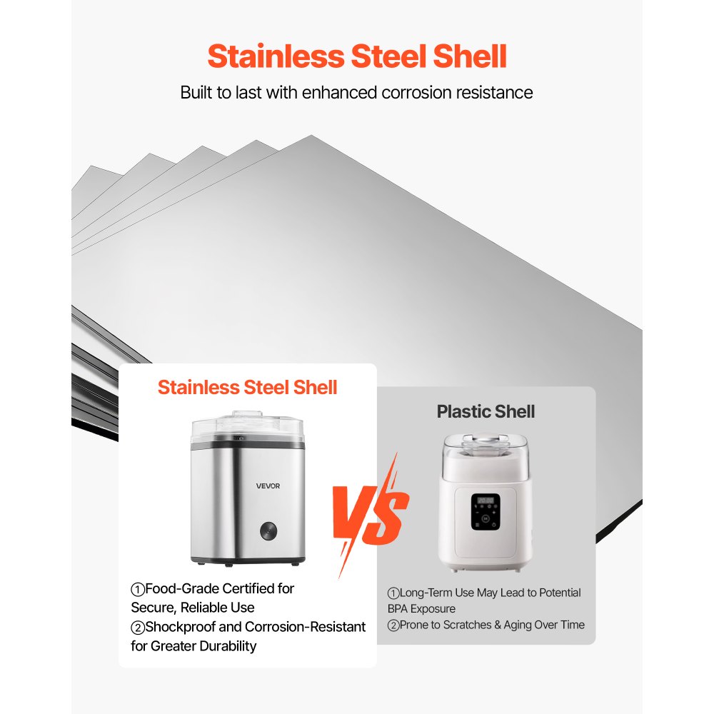 Heladera VEVOR, 2.11 cuartos de galón, eléctrica, automática, de gran capacidad, fácil de usar y limpiar, con carcasa de acero inoxidable, para yogur helado casero, sorbete de frutas y helado, color plateado