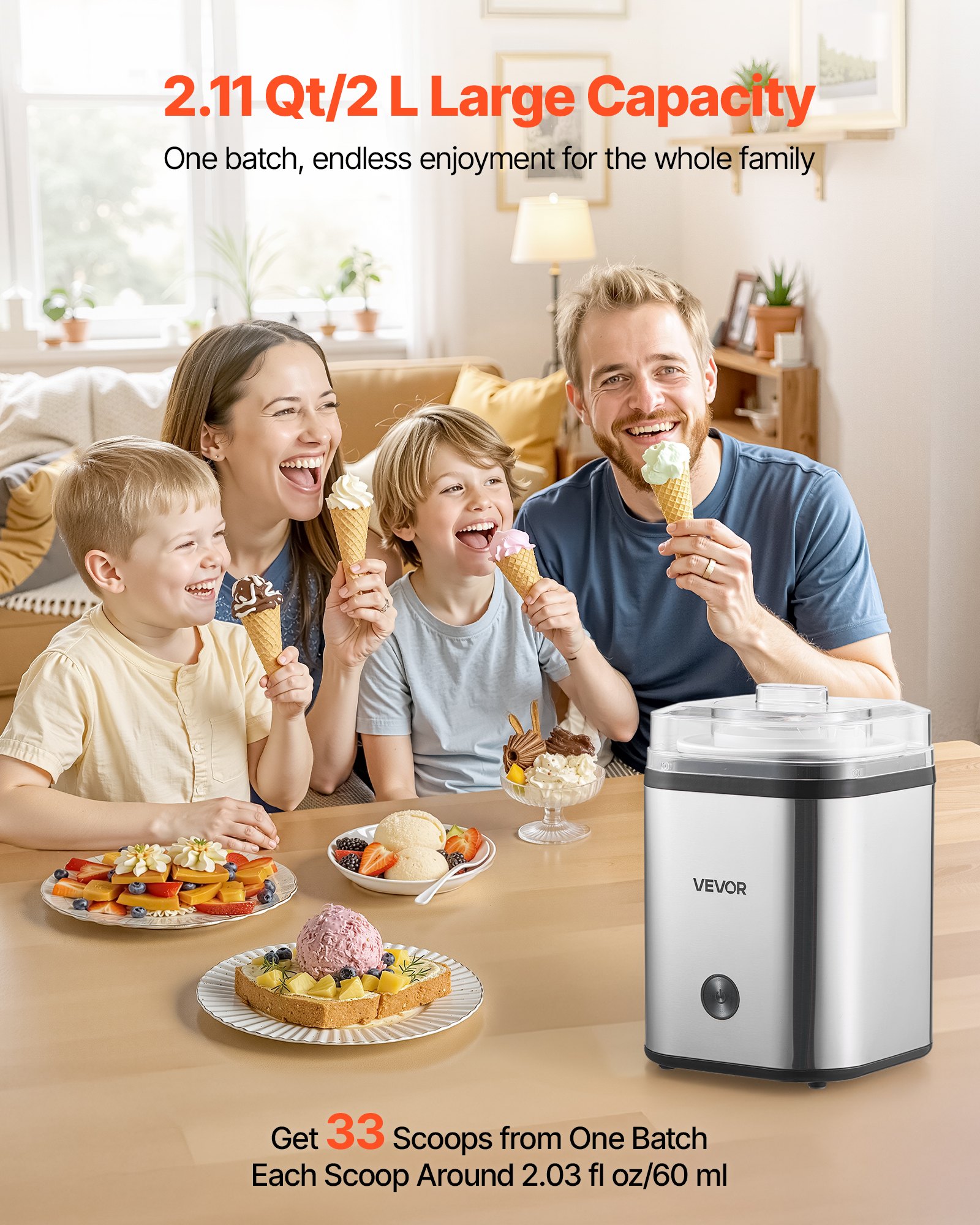 Heladera VEVOR, 2.11 cuartos de galón, eléctrica, automática, de gran capacidad, fácil de usar y limpiar, con carcasa de acero inoxidable, para yogur helado casero, sorbete de frutas y helado, color plateado