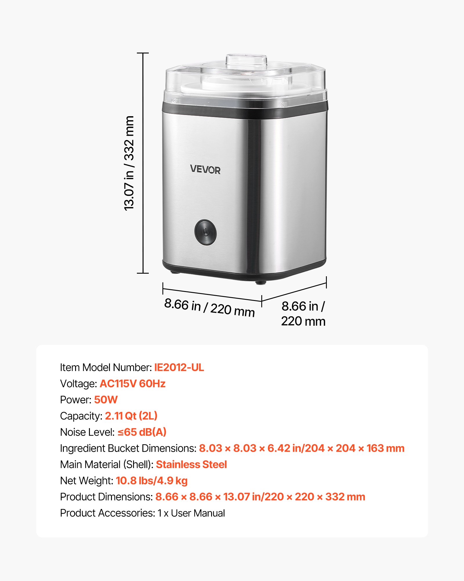 Heladera VEVOR, 2.11 cuartos de galón, eléctrica, automática, de gran capacidad, fácil de usar y limpiar, con carcasa de acero inoxidable, para yogur helado casero, sorbete de frutas y helado, color plateado