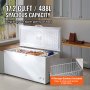 Congelador horizontal VEVOR con capacidad de 17,2 pies cúbicos/488 l en una configuración de cocina, que muestra la tapa abierta y las cestas de almacenamiento.