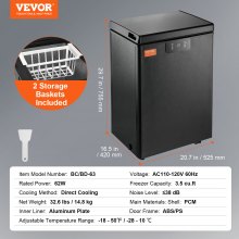 VEVOR Congelador horizontal, congelador profundo compacto de 2,22 pies cúbicos / 63 L, congeladores horizontales de puerta abierta con 2 cestas extraíbles y termostato ajustable, ahorro de energía y bajo nivel de ruido, negro