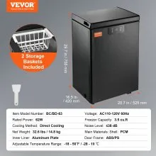 VEVOR Congelador horizontal, congelador profundo compacto de 2,22 pies cúbicos / 63 L, congeladores horizontales de puerta abierta con 2 cestas extraíbles y termostato ajustable, ahorro de energía y bajo nivel de ruido, negro