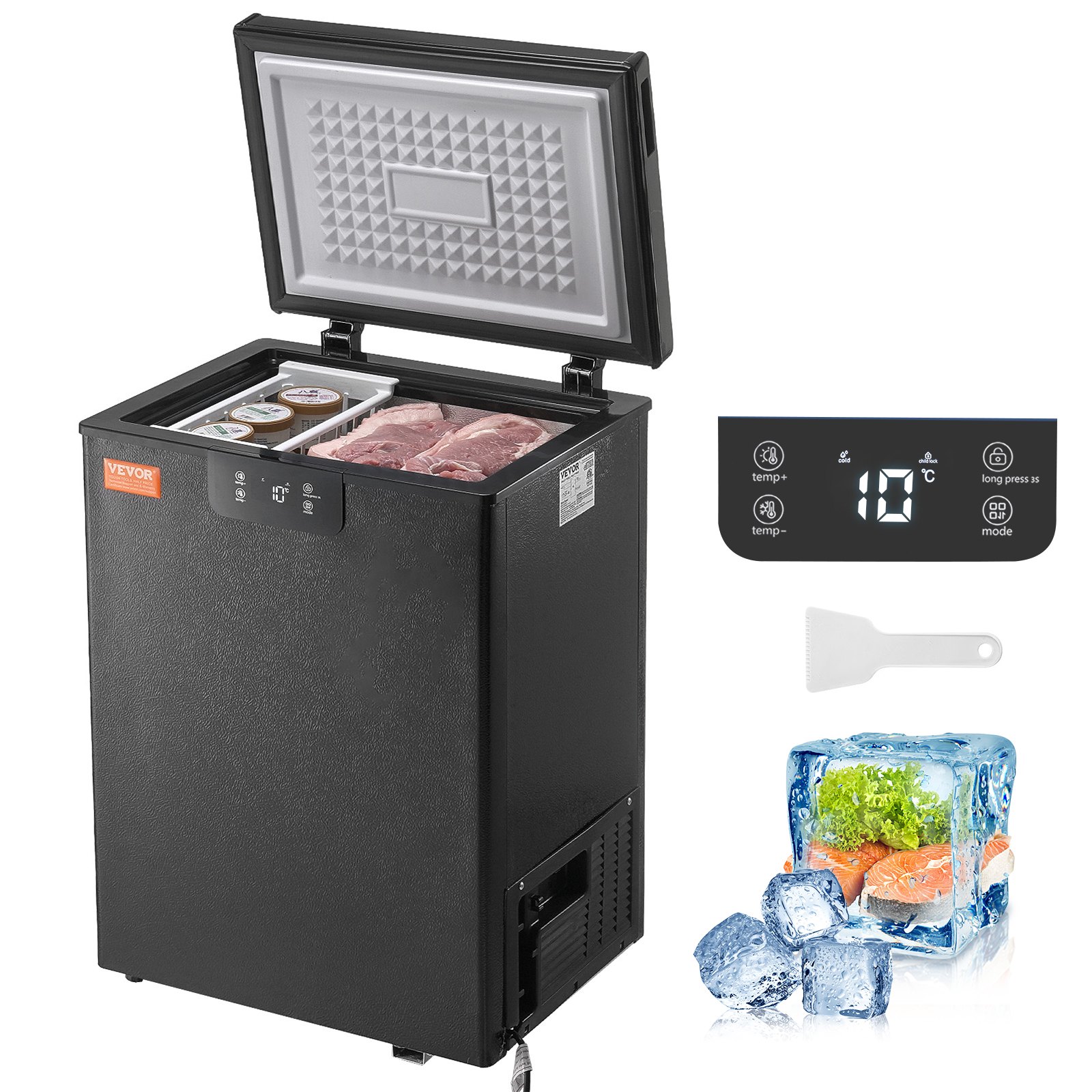 Congelador horizontal VEVOR de 63 L (2,22 pies cúbicos), compacto, independiente, con puerta superior abierta, 2 cestas extraíbles y termostato ajustable, ahorro de energía y bajo nivel de ruido, color negro.