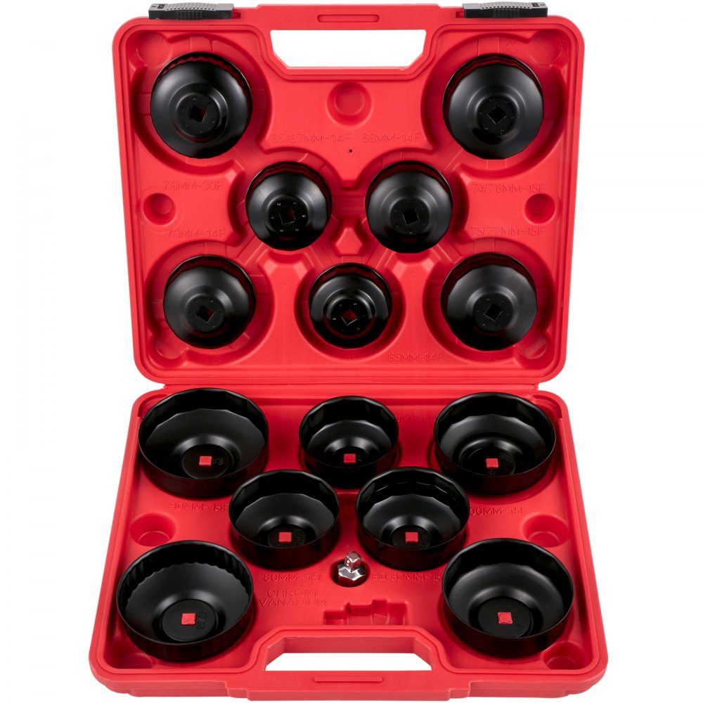 Estuche rojo con varias llaves negras, que muestra el juego de llaves para filtro de aceite VEVOR.