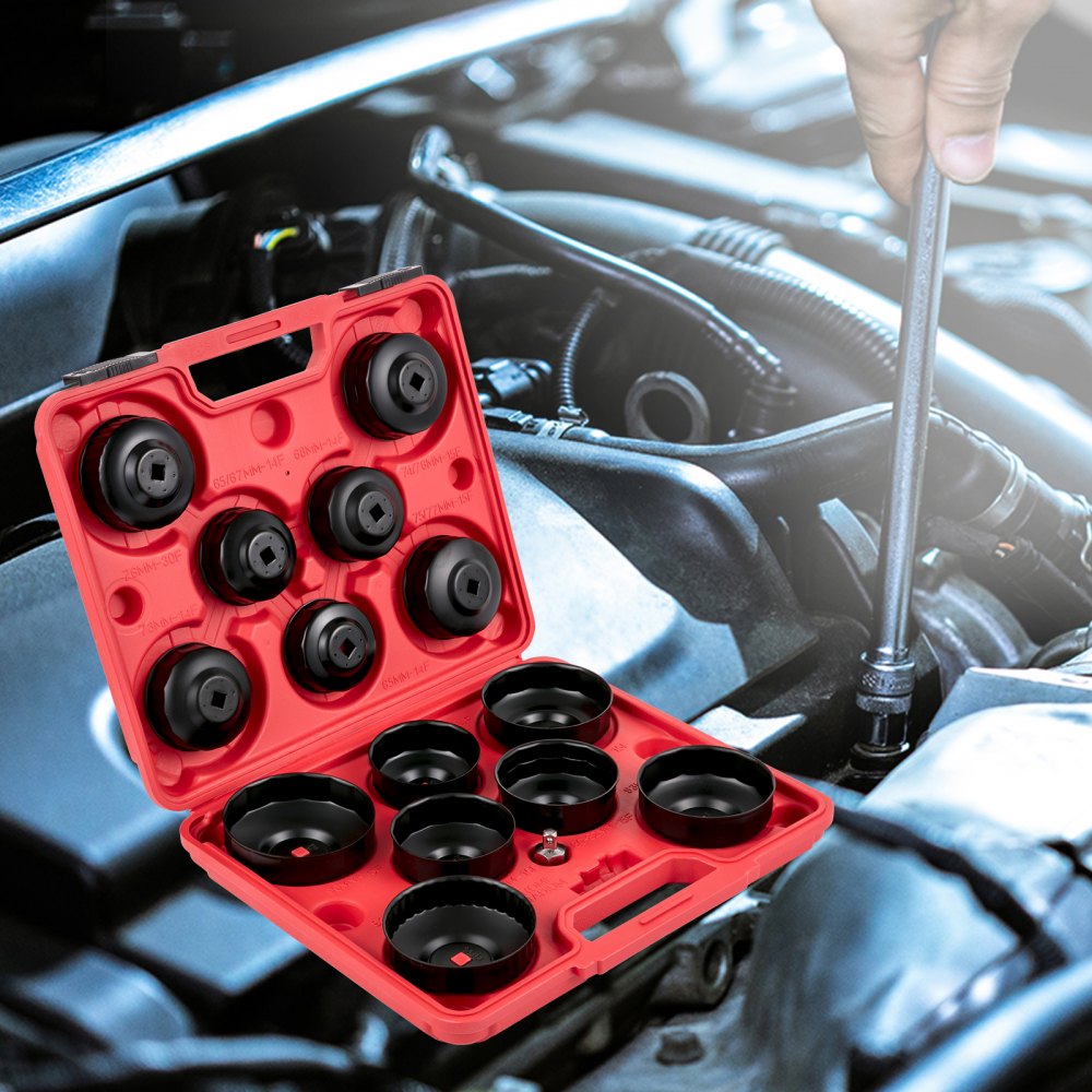 VEVOR Juego de llaves de vaso para filtro de aceite, 14 piezas, de acero resistente, de 3/8", de perfil bajo para fácil acceso, con tapa para llave de filtro de aceite y casquillo