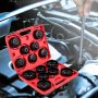 Juego de llaves para filtro de aceite VEVOR en estuche rojo con motor de automóvil al fondo.