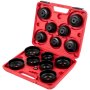 Estuche rojo con juego de llaves para filtros de aceite VEVOR de varios tamaños, perfectamente organizado en su interior.