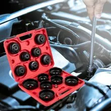 Juego de vasos para filtro de aceite VEVOR, juego de llaves para filtro de aceite de 14 piezas, vaso para filtro de aceite de acero resistente, vaso para filtro de aceite de 3/8", juego de vasos para filtro de aceite de perfil bajo para un fácil acceso, juego de tapa de llave para filtro de aceite con estuche