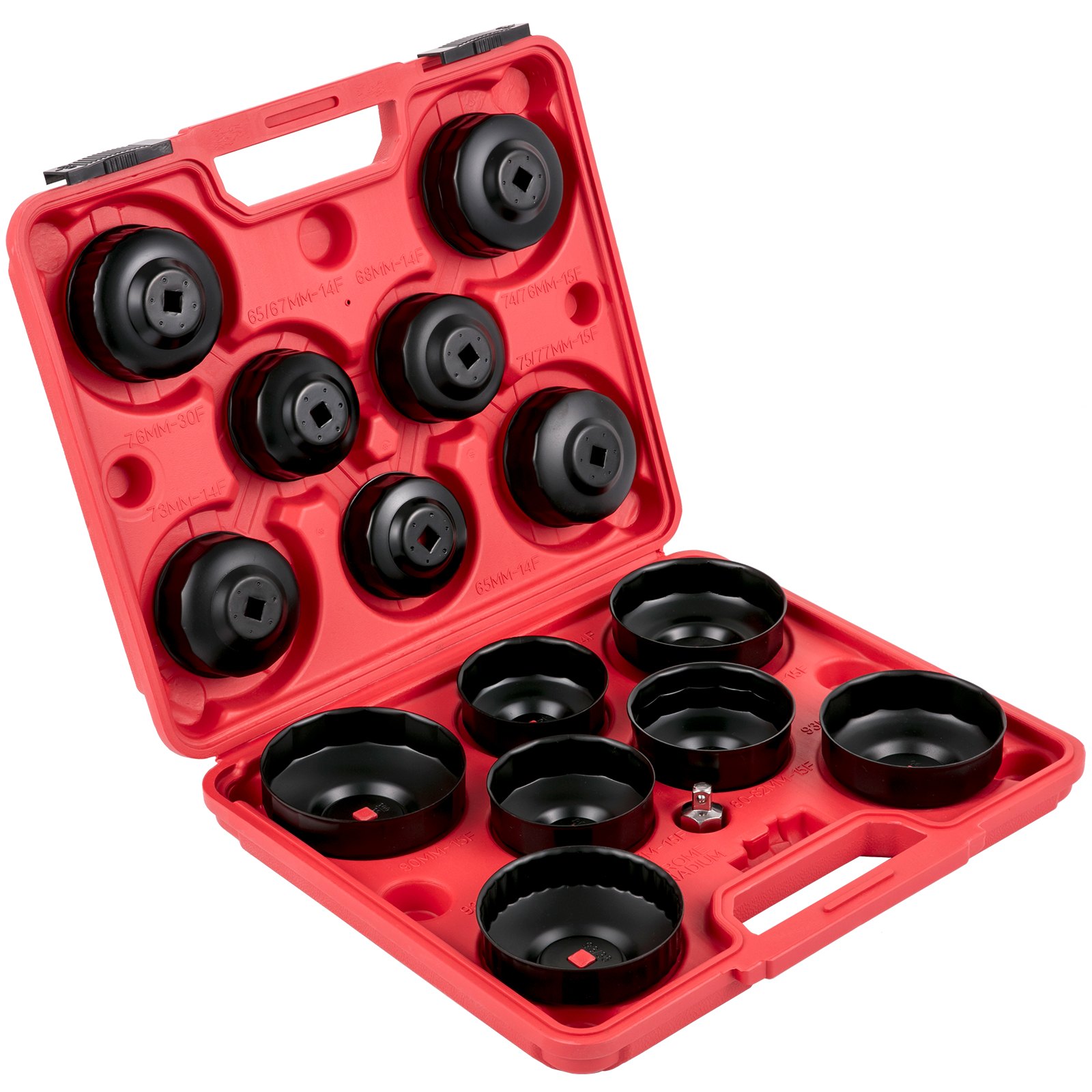 Estuche rojo con vasos negros para juego de llaves de filtro de aceite VEVOR.