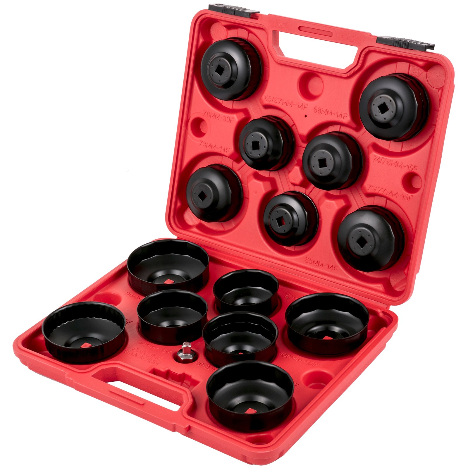 Estuche rojo con juego de llaves para filtros de aceite VEVOR de varios tamaños, perfectamente organizado en su interior.