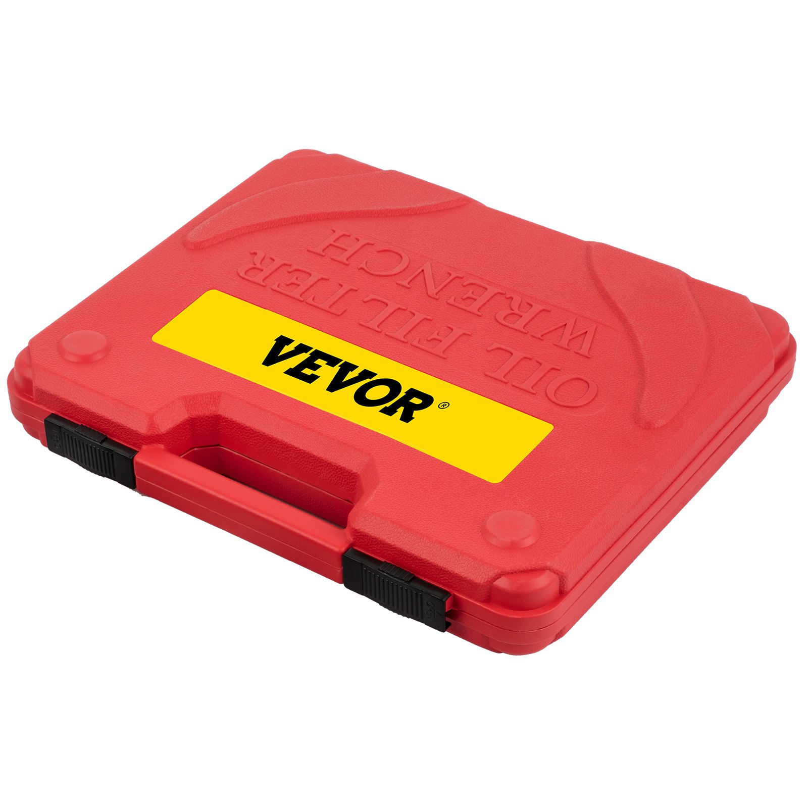 Estuche con juego de llaves para filtro de aceite VEVOR en color rojo, con pestillos negros y texto en relieve.