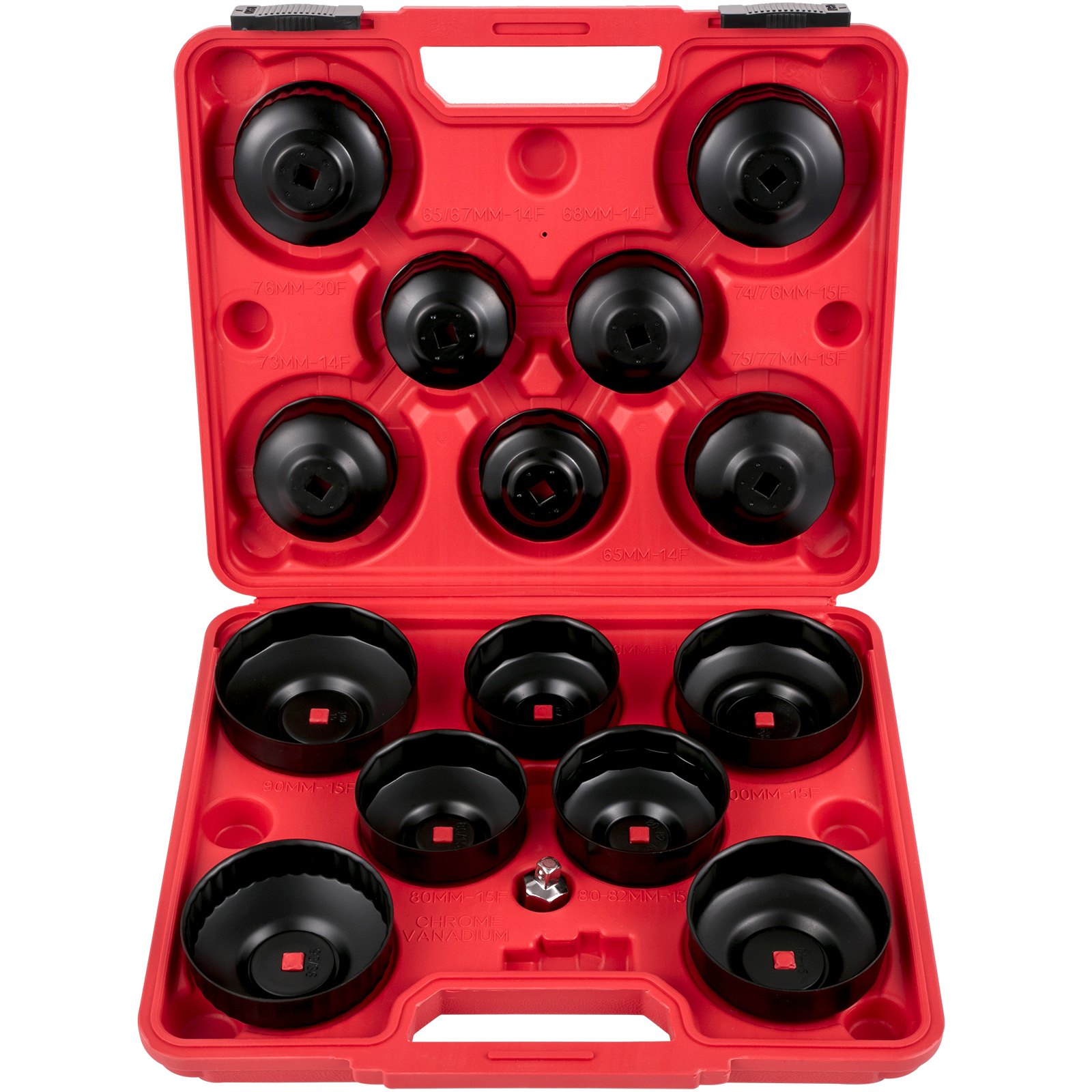 Estuche rojo con varias llaves negras, que muestra el juego de llaves para filtro de aceite VEVOR.