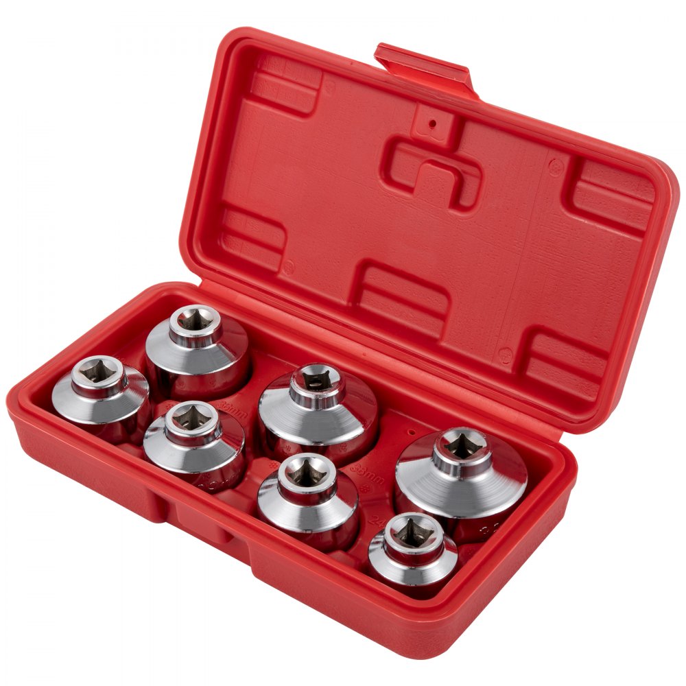 Estuche rojo con juego de vasos para filtro de aceite VEVOR cromado, organizado en compartimentos.