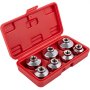 Juego de vasos para filtro de aceite VEVOR en un estuche de transporte rojo con ocho vasos cromados.